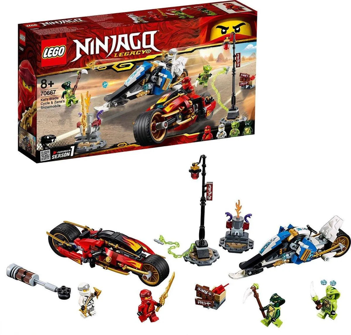 ninjago fahrradhelm LEGO Kais Feuer-Bike Schwertfahrrad & Zanes Schneemobil 70667 Ninj – Labyrinth 2TTOYS