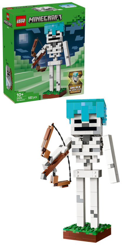 LEGO Minecraft Het Skelet Bouwpakket voor Kinderen met Mob Figuur, Diamanten Helm, Boog en Grasbasis - Kinderkamer Decoratie - Cadeau voor Jongens, Meisjes en Gamers vanaf 10 jaar - 21594