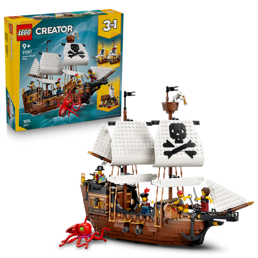 LEGO Creator 3-in-1 Klassiek Piratenschip Speelgoed - Bouwpakket voor Kinderen - Verandert in Speelgoed Kasteel of 2 Boten - Kinderkamer Decoratie - Cadeau voor Jongens en Meisjes vanaf 9 Jaar 31387