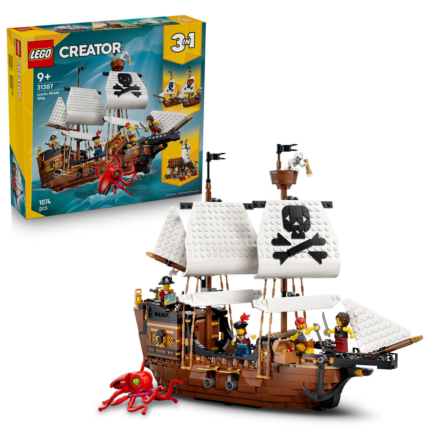 LEGO Creator 3-in-1 Klassiek Piratenschip Speelgoed - Bouwpakket voor Kinderen - Verandert in Speelgoed Kasteel of 2 Boten - Kinderkamer Decoratie - Cadeau voor Jongens en Meisjes vanaf 9 Jaar 31387