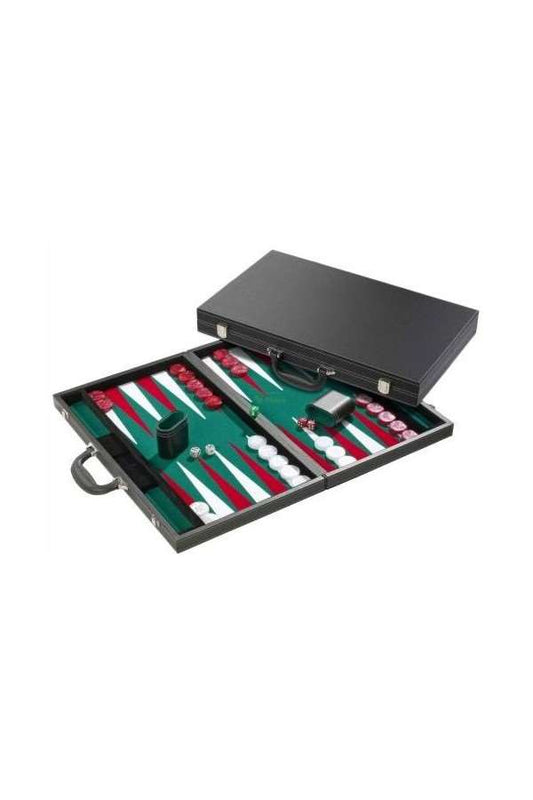 Backgammon koffer zw.Luxe ingel.velours groen/rood/wit46cm