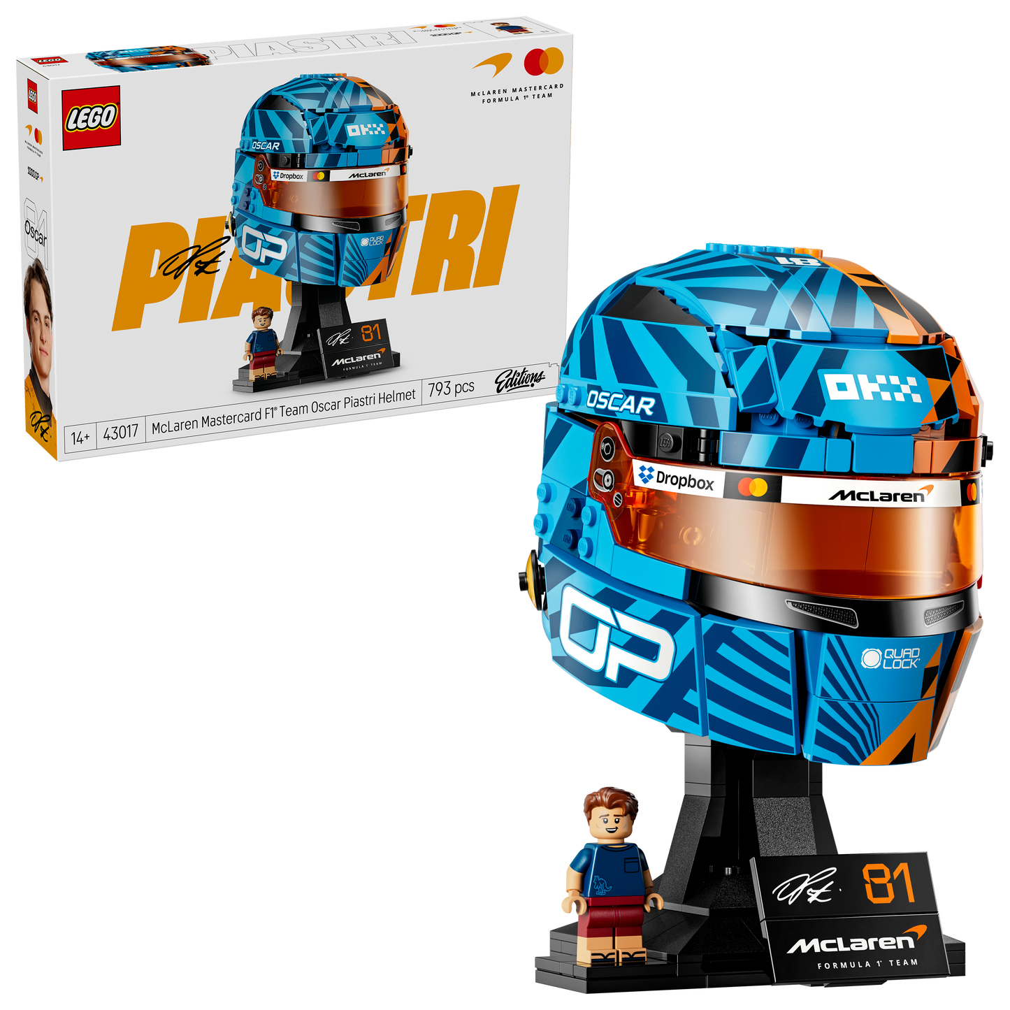 LEGO Editions McLaren Mastercard F1 Team Helm van Oscar Piastri - F1 Merchandise - Bouwpakket voor Kinderen met Formule 1 Coureur Minifiguur - Cadeau voor Jongens en Fans vanaf 14 Jaar 43017
