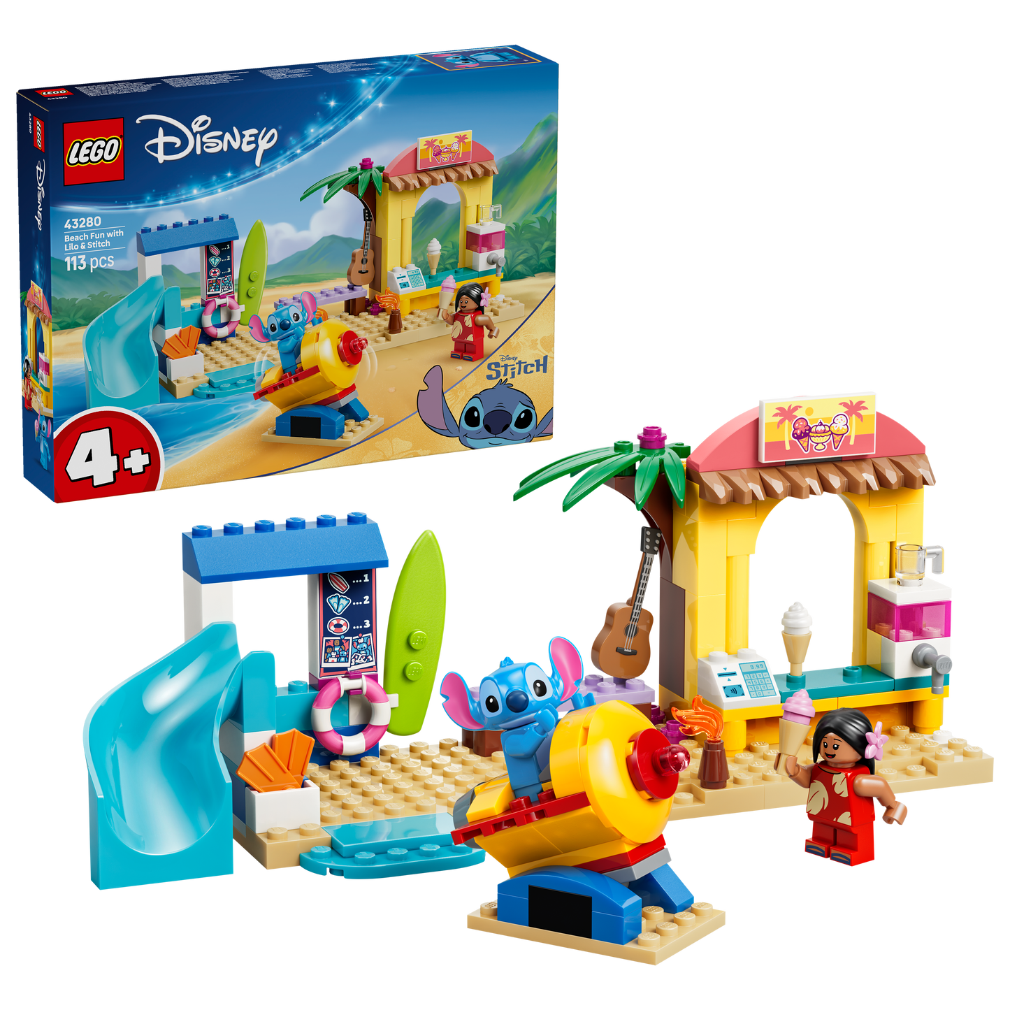 LEGO | Disney Strandplezier met Lilo en Stitch Bouwbaar Speelgoed voor Kinderen met 2 Speelgoedwinkels, Ruimterit en 2 Poppetjes - Montessori Cadeau voor Meisjes en Jongens vanaf 4 Jaar 43280