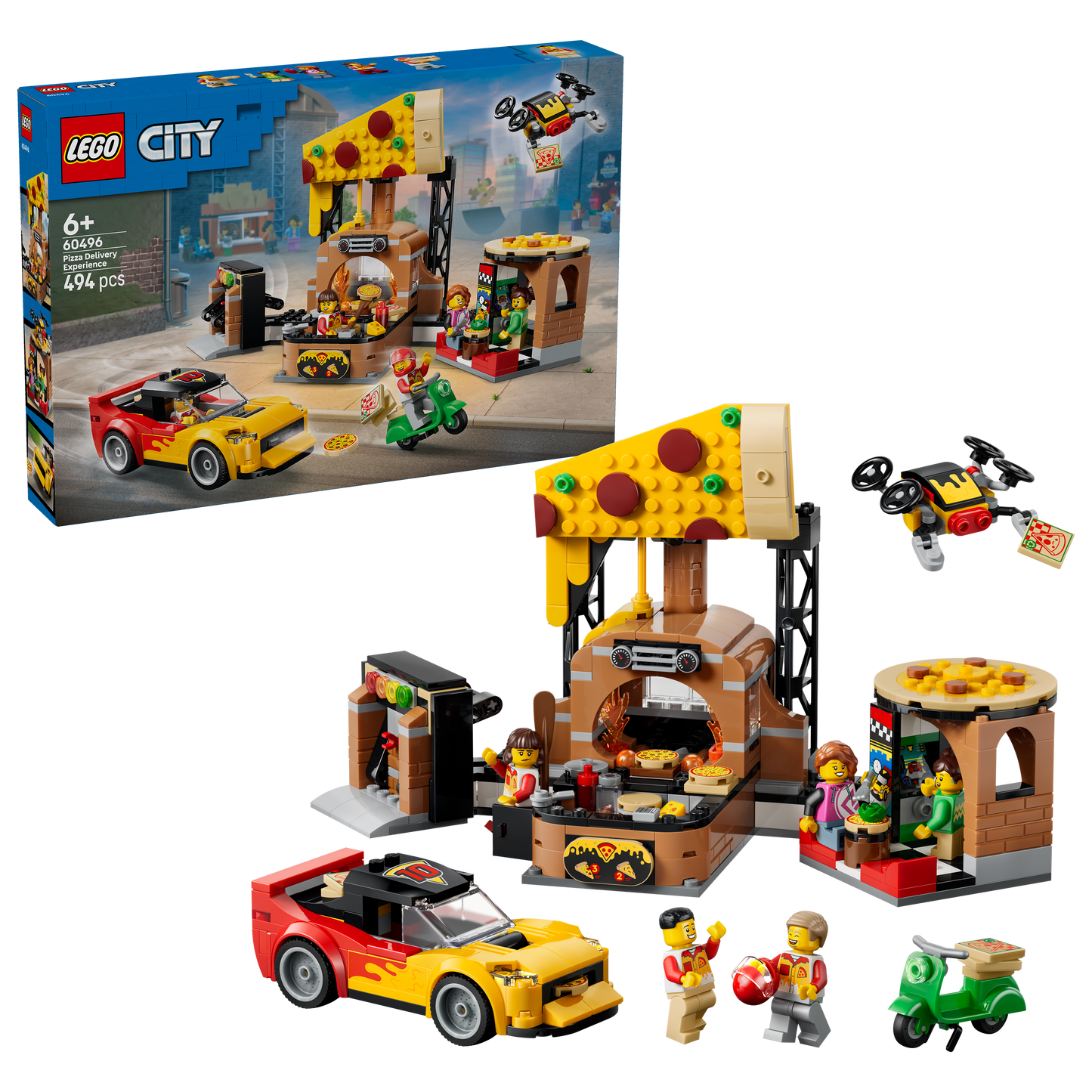 LEGO City Pizzacentrale met voertuigen - Bouwpakket voor Kinderen met Speelgoed Auto, Scooter, Drone, Speelmachine en 4 Minifiguren - Verjaardagscadeau voor Jongens en Meisjes Vanaf 6 Jaar - 60496