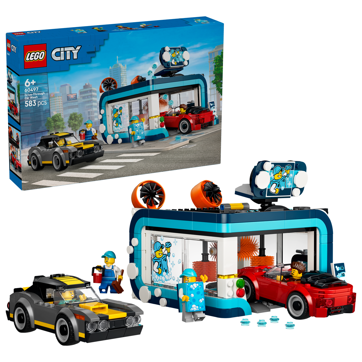 LEGO City Autowasstraat - Bouwpakket voor Kinderen met 2 Speelgoed Auto's, Wasfunctie en 4 Minifiguren Met Accessoires - Verjaardagscadeau voor Jongens en Meisjes Vanaf 6 Jaar - 60497