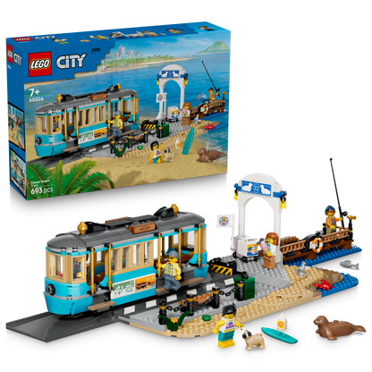 LEGO City Klassieke Strandtram - Bouwpakket voor Kinderen met Spoor, Straatdecor, 5 Minifiguren en 5 Speelgoed Dieren Figuren - Cadeau Voor Jongens en Meisjes Vanaf 7 Jaar - 60506