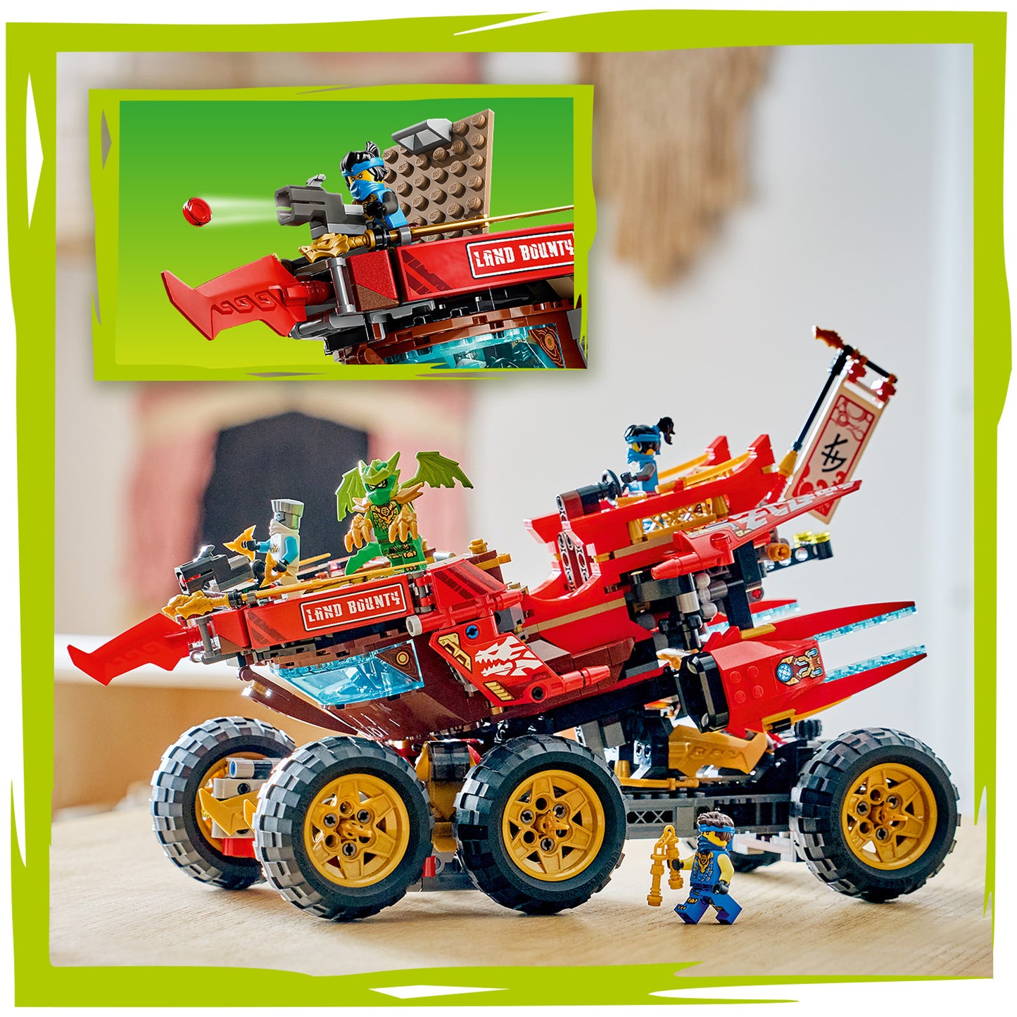 LEGO NINJAGO Land-Bounty - Bouwpakket voor Kinderen Vanaf 9 Jaar met 3 Voertuigen en 6 Minifiguren - Incl. Speelgoed Motor, Terreinbuggy en Schip - Cadeau voor Jongens en Meisjes - 71869