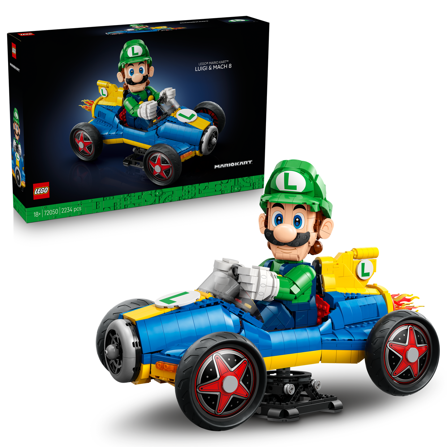 LEGO Mario Kart: Luigi en Mach 8 – Nintendo Personage Displayfiguur en Auto Bouwpakket voor Volwassenen – Verzamelbare Gaming Merchandise – Cadeau-idee voor Fans – 72050