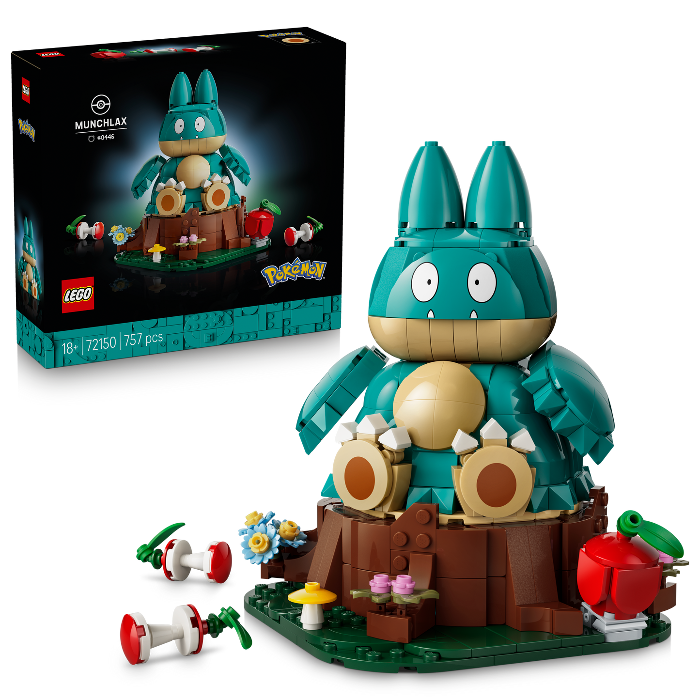LEGO Pokémon Munchlax - Verzamelbaar Dieren Figuur met Boomstam, Appel en 2 Klokkenhuizen - Woondecoratie en Kantoor Decoratie - Bouwpakket voor Volwassenen - Cadeau voor Mannen en Vrouwen 72150