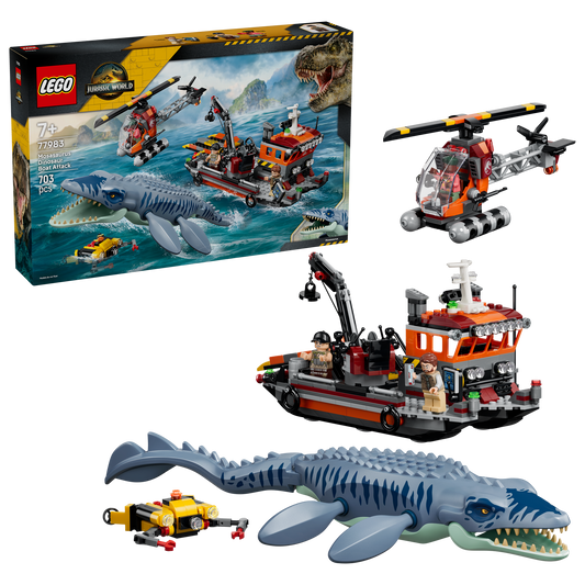 LEGO Jurassic World Mosasaurus Bootaanval - Dinosaurus Speelgoed voor Kinderen Vanaf 7 Jaar - Bouwpakket met 3 Minifiguren en Voorgevormd Dino Model - Cadeau voor Jongens en Meisjes 77983